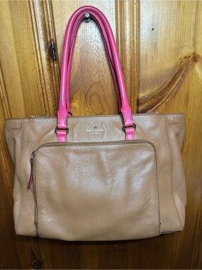 kate spade Tan Leather Tote with Pink Handles